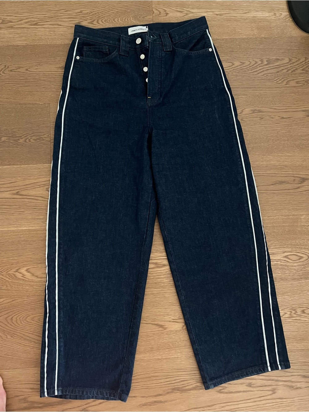 High-Rise Dark Blue Women's Jeans with White Side Piping
